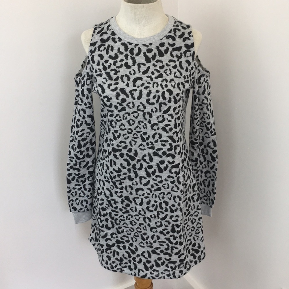 Leopard Print Cold Shoulder Mini Dress Sweatshirt